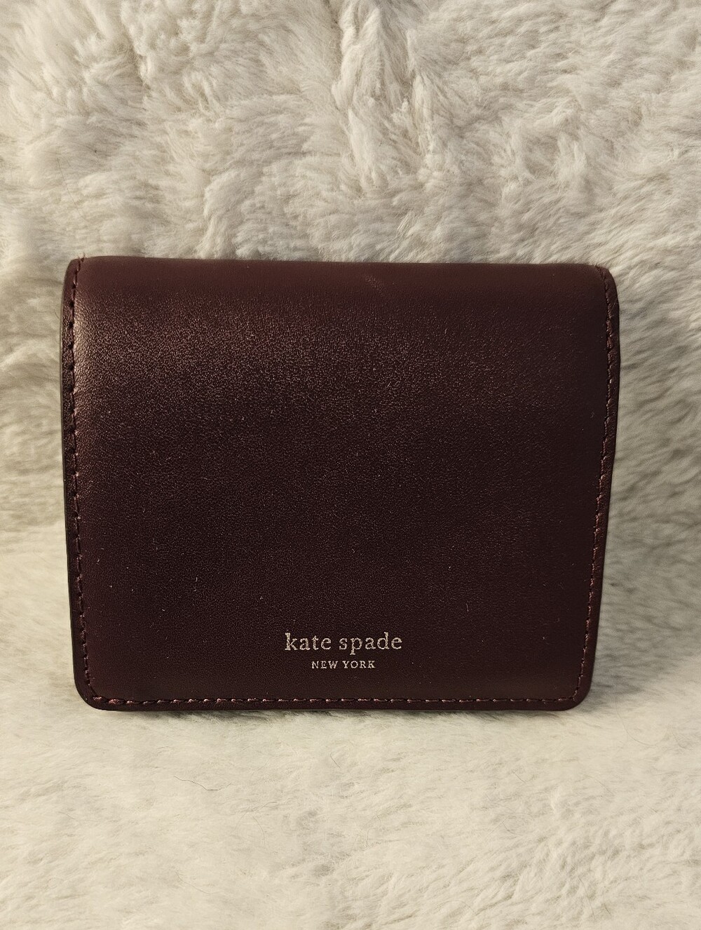 Kate Spade Burgundy Leather Compact Wallet with Gold Logo. Slot For Bills, too